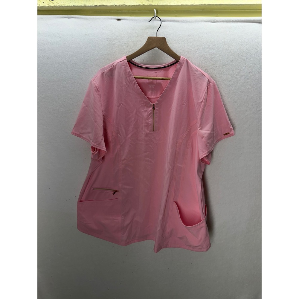 Cherokee Scrub Top Women 3XL Pink Zip V-Neck Stretch Statement 3495